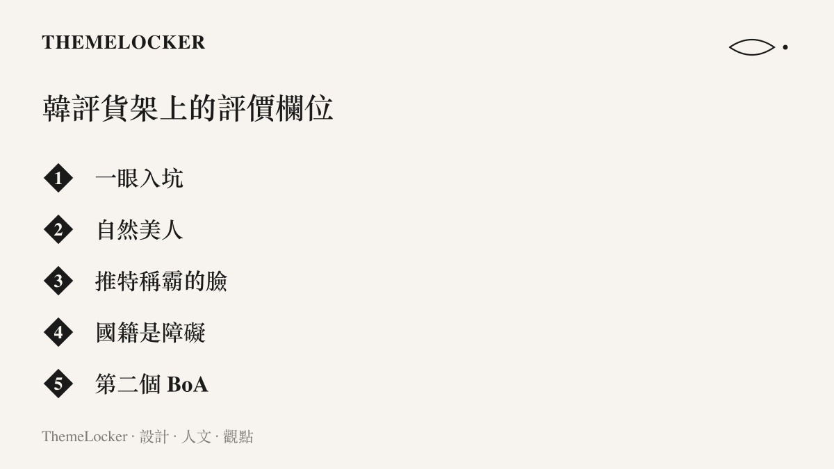 韓網對A2O LITE的評價詞彙一覽，包含一眼入坑、自然美人、推特稱霸的臉、國籍是障礙與第二個BoA五個欄位