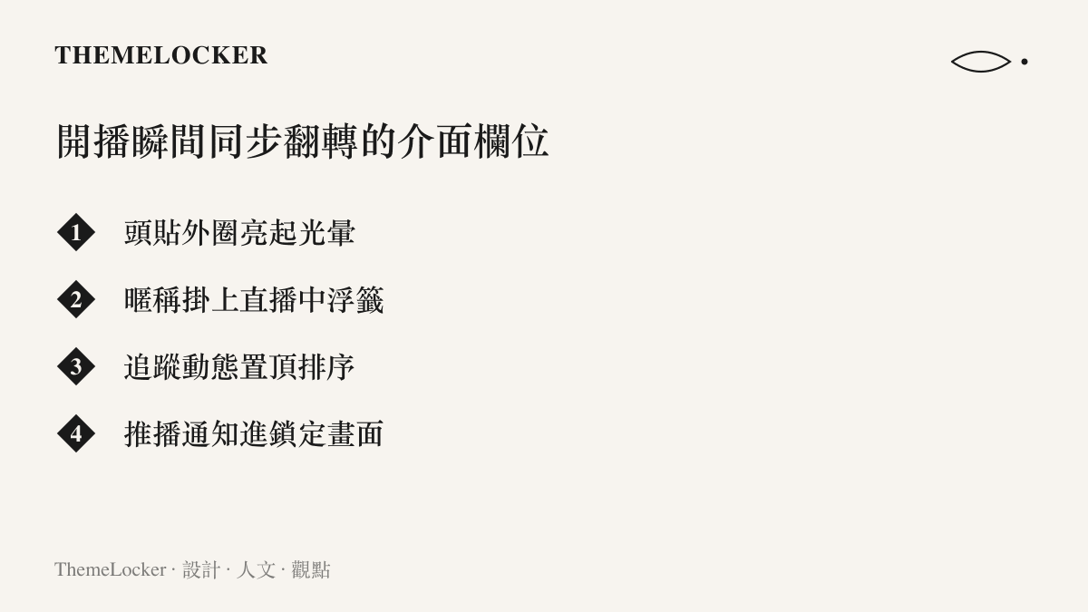 清單圖卡列出直播主開播當刻同步翻轉的四個介面欄位，包含頭貼光暈、直播中浮籤、追蹤動態置頂與推播通知