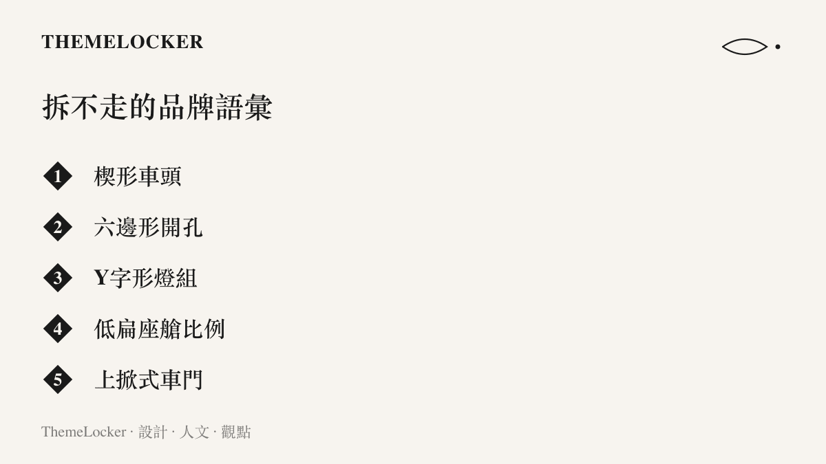 圖卡列舉藍寶堅尼楔形車頭、六邊形開孔與Y字形燈組等五項貫穿各代車款的識別語彙
