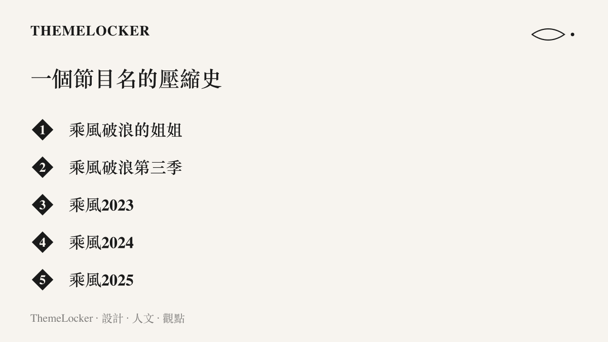 圖卡列出乘風破浪的姐姐節目名稱的五個階段，從七個字的完整名一路縮減為乘風加年份的格式
