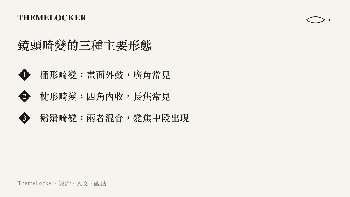 桶形、枕形與鬍鬚三種鏡頭畸變形態的對照示意說明