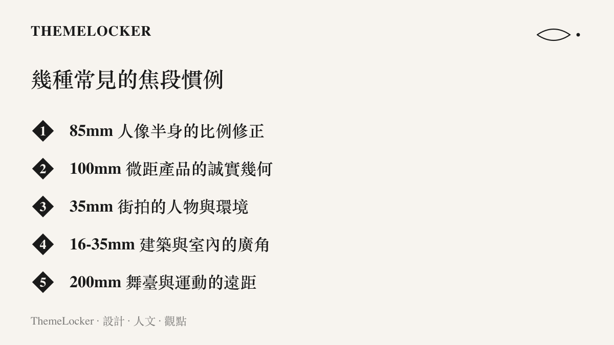 常見焦段對應拍攝題材的清單，列出人像、產品、街拍、建築與舞臺攝影各自慣用的鏡頭焦距