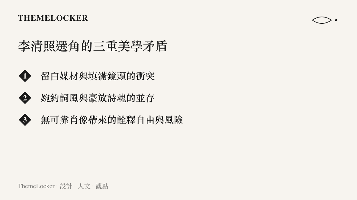 李清照選角面臨的三重美學矛盾圖卡，列出留白與鏡頭、婉約與豪放、無肖像與風險三組張力