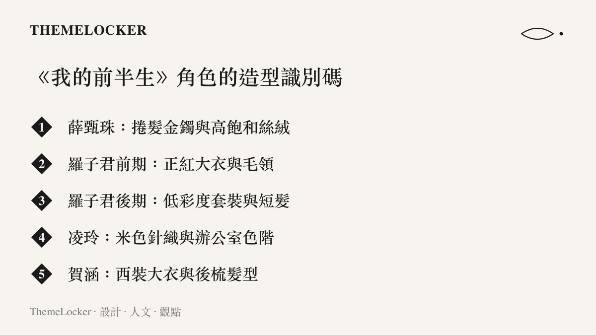 清單圖卡列出《我的前半生》五位主要角色的造型識別碼，包含薛甄珠的捲髮金鐲與高飽和絲絨、羅子君前後期的衣櫃對比、凌玲的米色針織與賀涵的西裝背頭