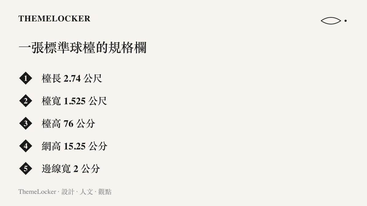 清單圖卡列出標準桌球檯的五項規格數字，包括檯長 2.74 公尺、檯寬 1.525 公尺、檯高 76 公分、網高 15.25 公分與兩公分寬的白色邊線