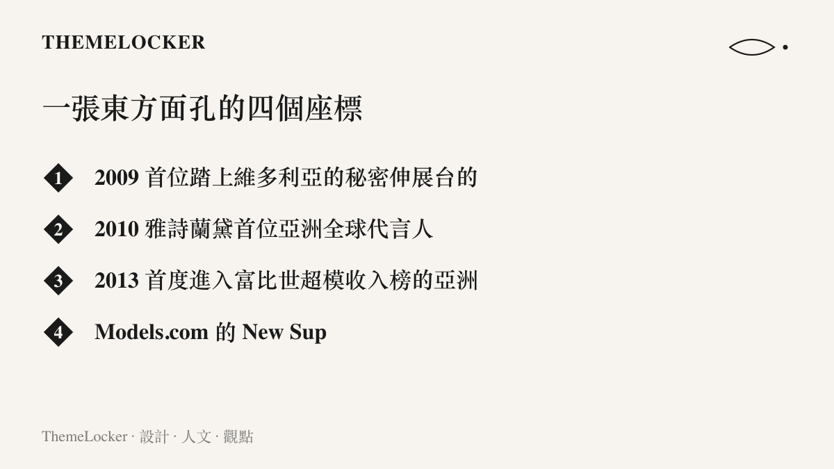 劉雯職涯的四個座標：首位踏上維多利亞的祕密伸展臺的中國面孔、雅詩蘭黛首位亞洲全球代言人、首度進入富比世超模收入榜的亞洲面孔，以及 Models.com 的 New Supers 名單