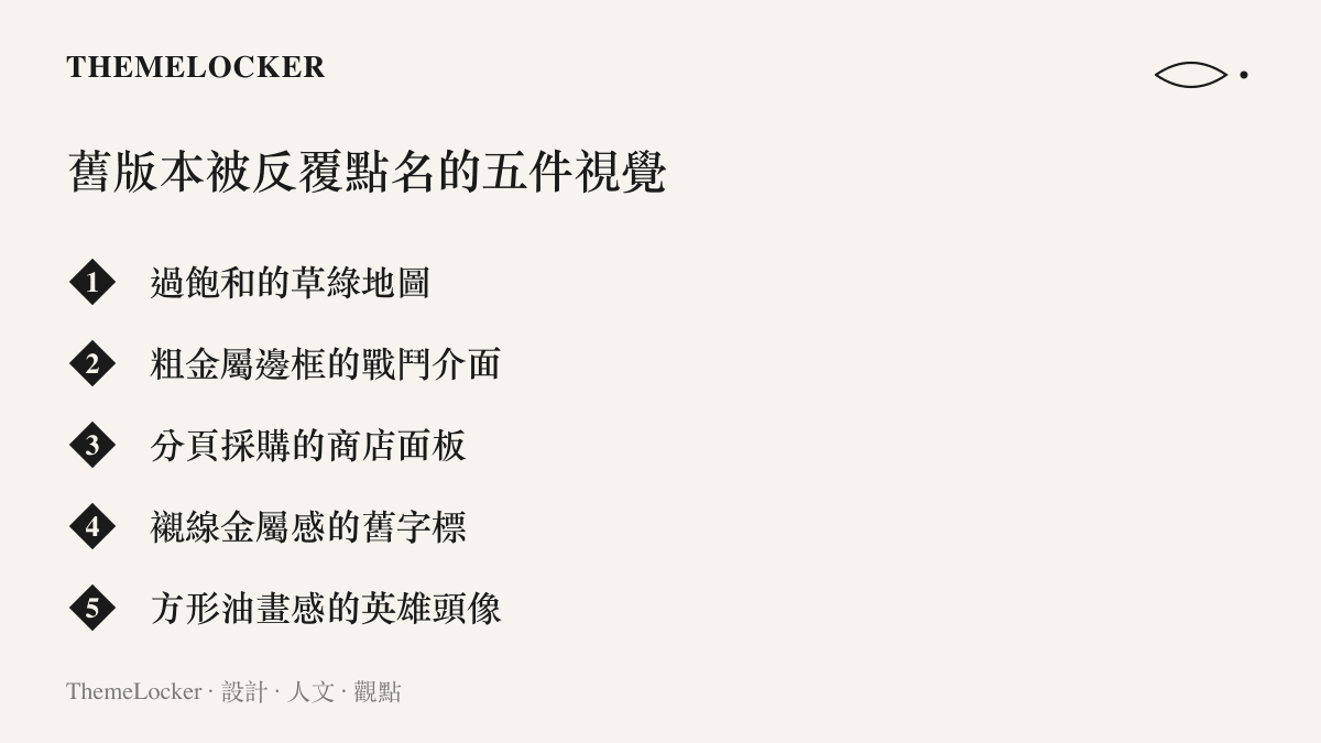 清單列出英雄聯盟早期版本五項視覺特徵：過飽和的草綠召喚峽谷地圖、粗金屬邊框的戰鬥介面、分頁採購的商店面板、帶襯線金屬感的舊字標，以及方形油畫感的英雄頭像