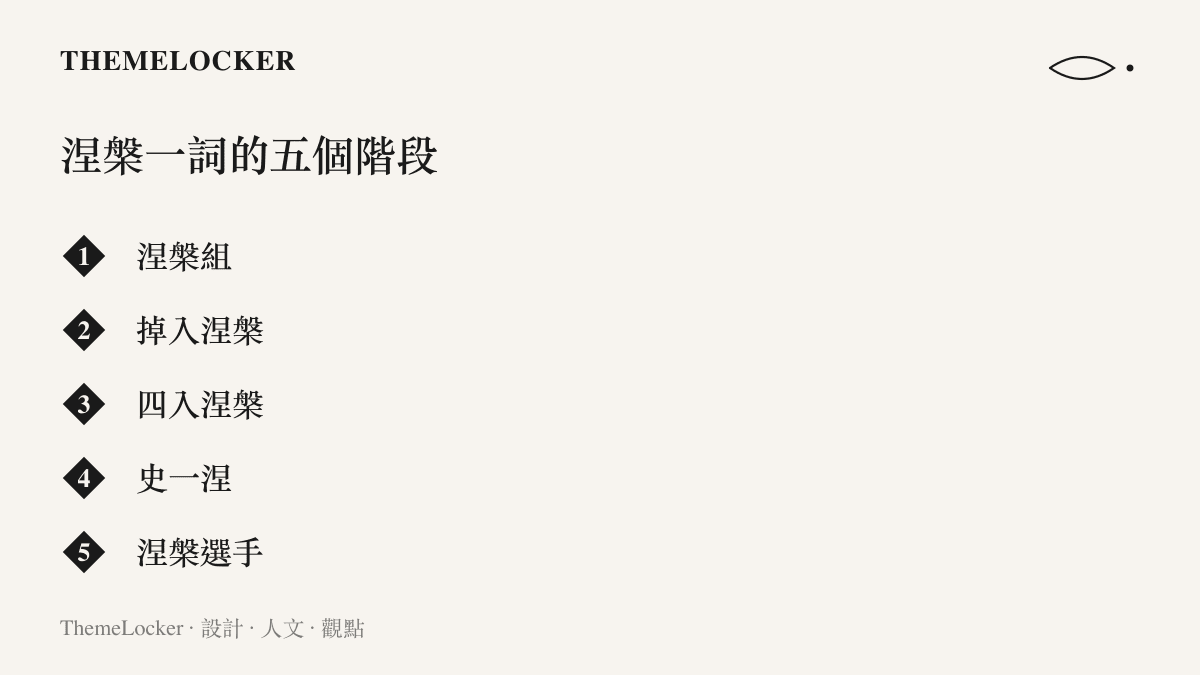 清單圖卡列出涅槃一詞從官方組名依序演化為掉入涅槃、四入涅槃、史一涅與涅槃選手的五個用法階段