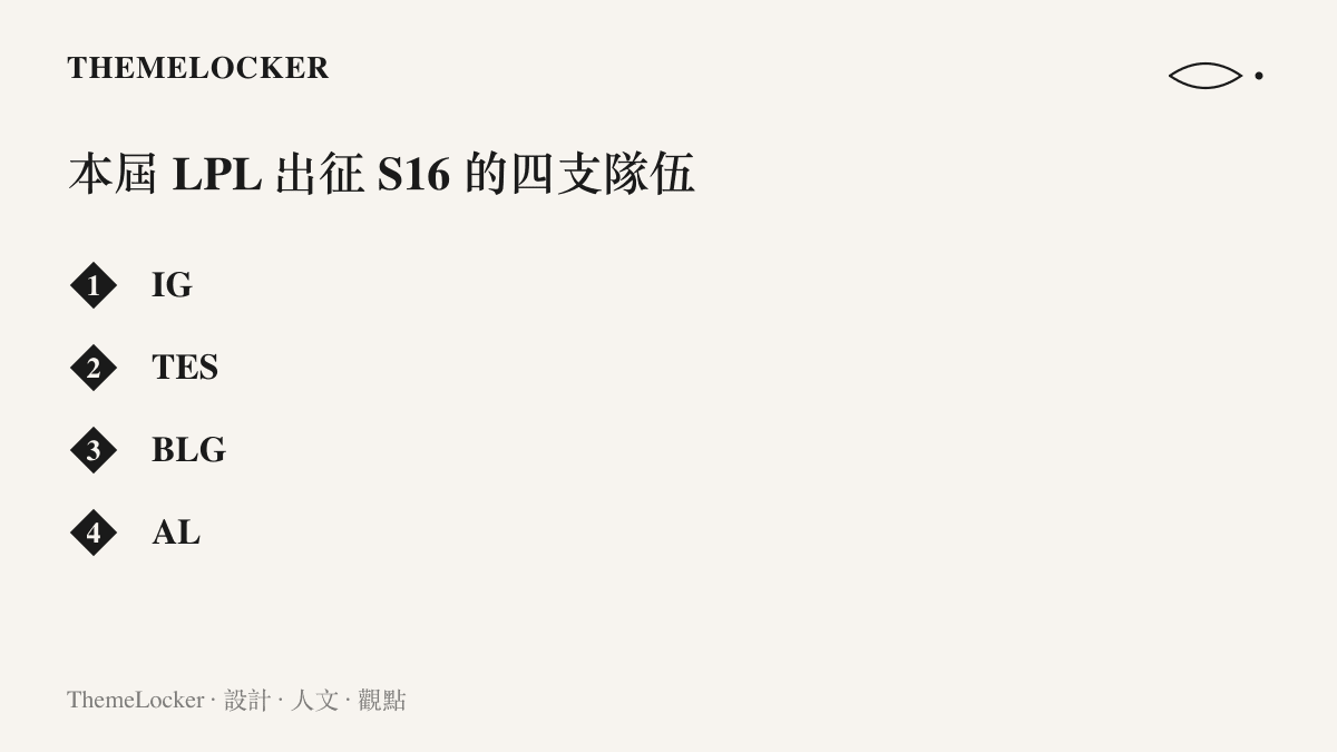 清單圖卡列出 IG、TES、BLG、AL 四支代表 LPL 賽區出徵 S16 全球總決賽的隊伍名稱