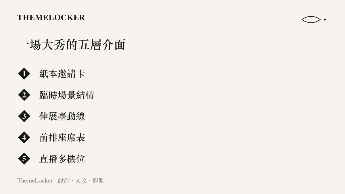 圖卡列出構成一場時裝大秀的五層介面，從紙本邀請卡、臨時場景結構、伸展臺動線，到前排座席表與直播多機位畫面