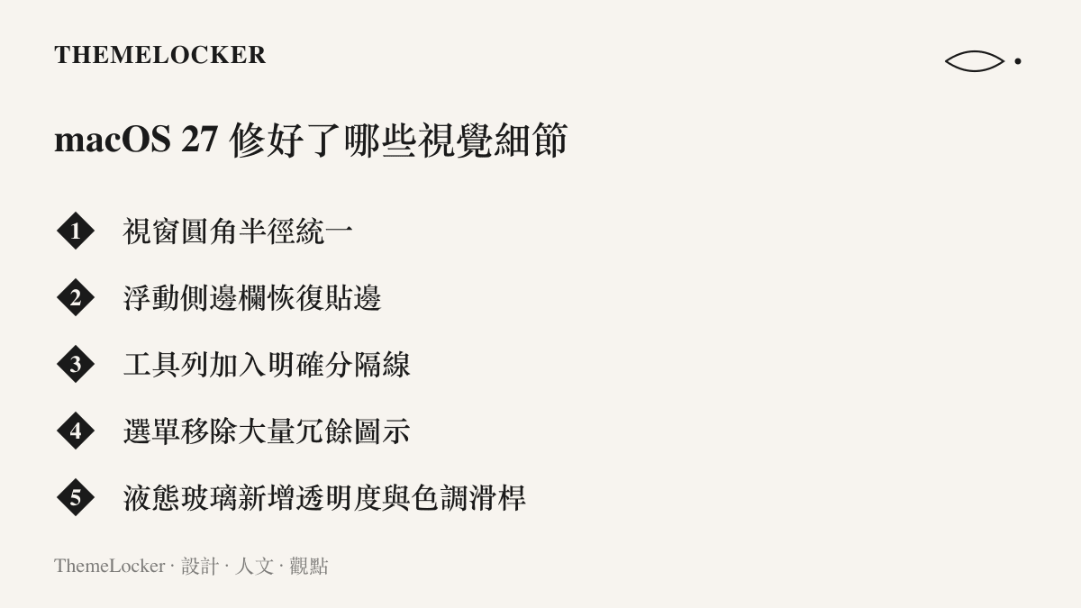 清單圖卡列出 macOS 27 Golden Gate 修正的五項視覺細節，包含圓角統一、側邊欄貼邊、工具列分隔線、選單圖示精簡與玻璃效果滑桿