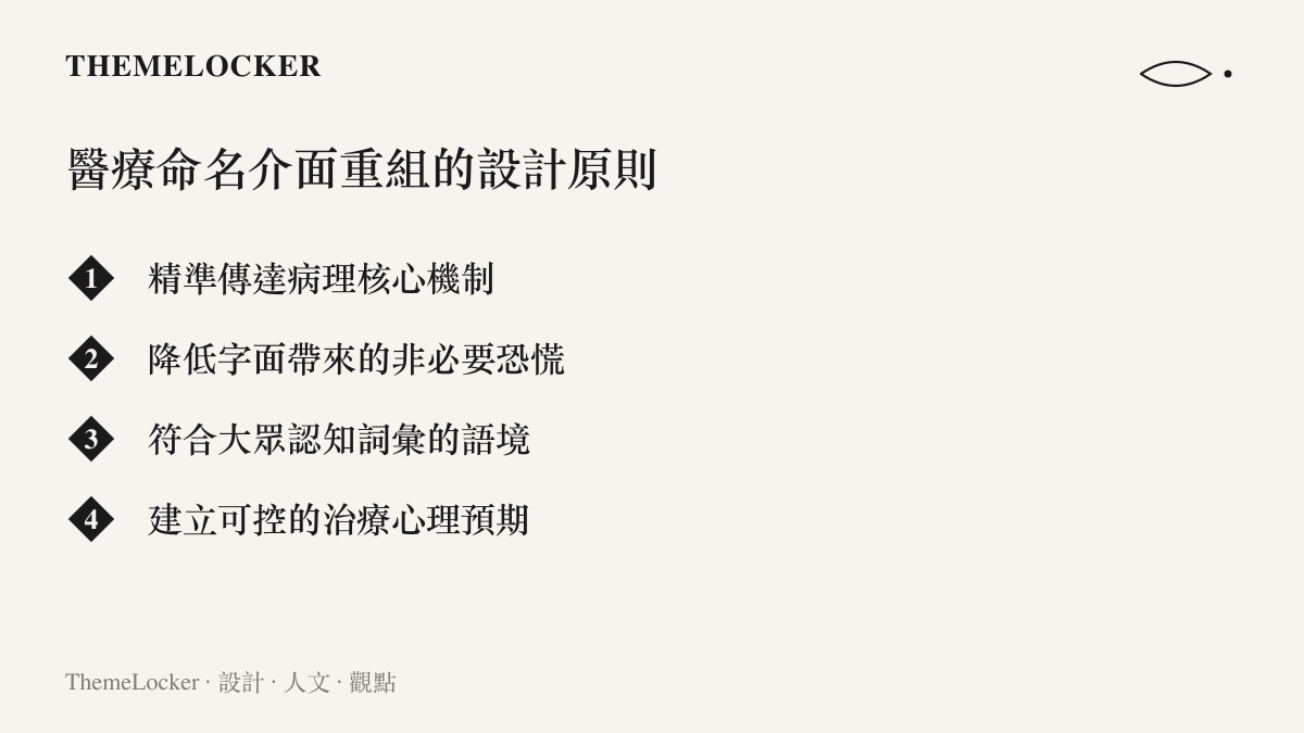 清單圖卡列舉醫療命名介面重組時應遵循的四項設計與排版原則