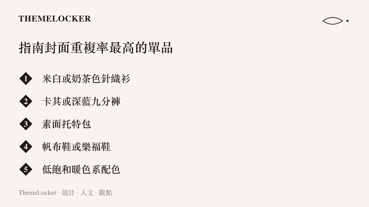 列出見長輩穿搭指南中重複出現的標準單品，包括米白針織衫、卡其九分褲、素面託特包、帆布鞋與低飽和整體配色