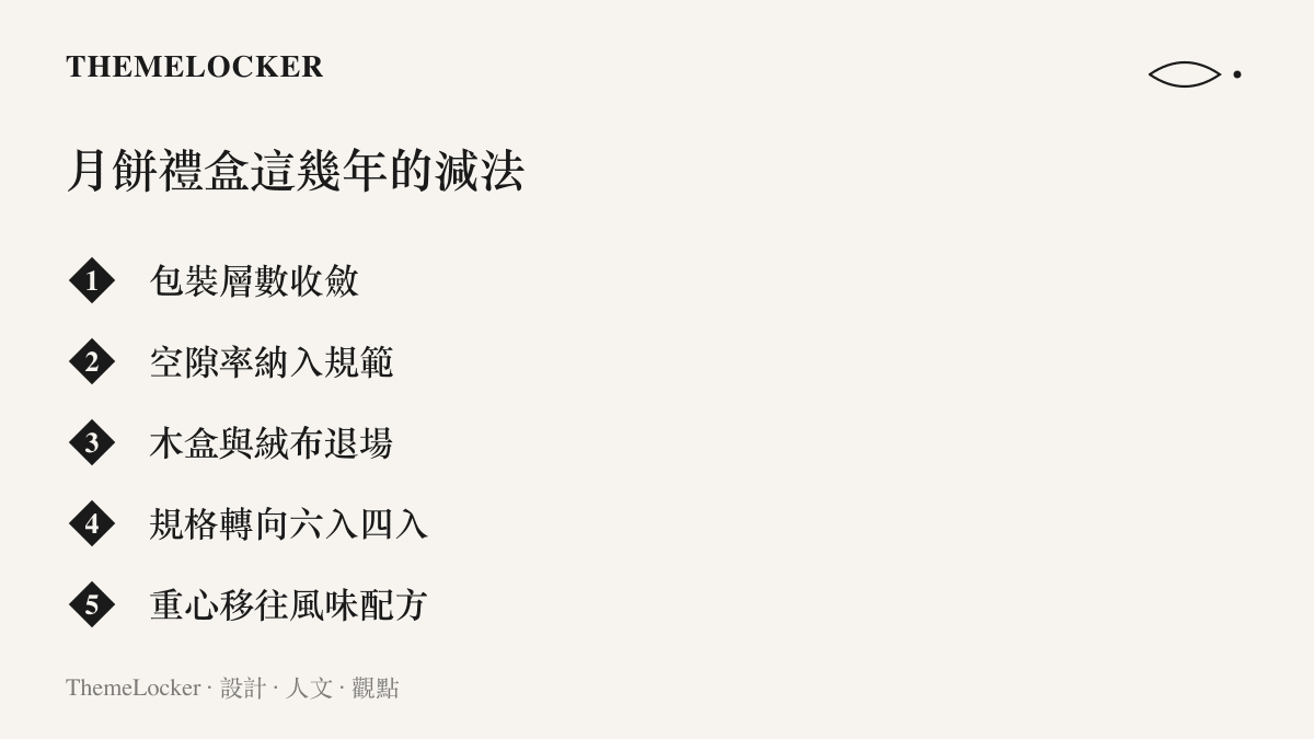 圖卡列出月餅禮盒簡化的五個方向：包裝層數收斂、空隙率納入規範、木盒絨布退場、盒裝數量縮減，以及競爭重心移往口味配方