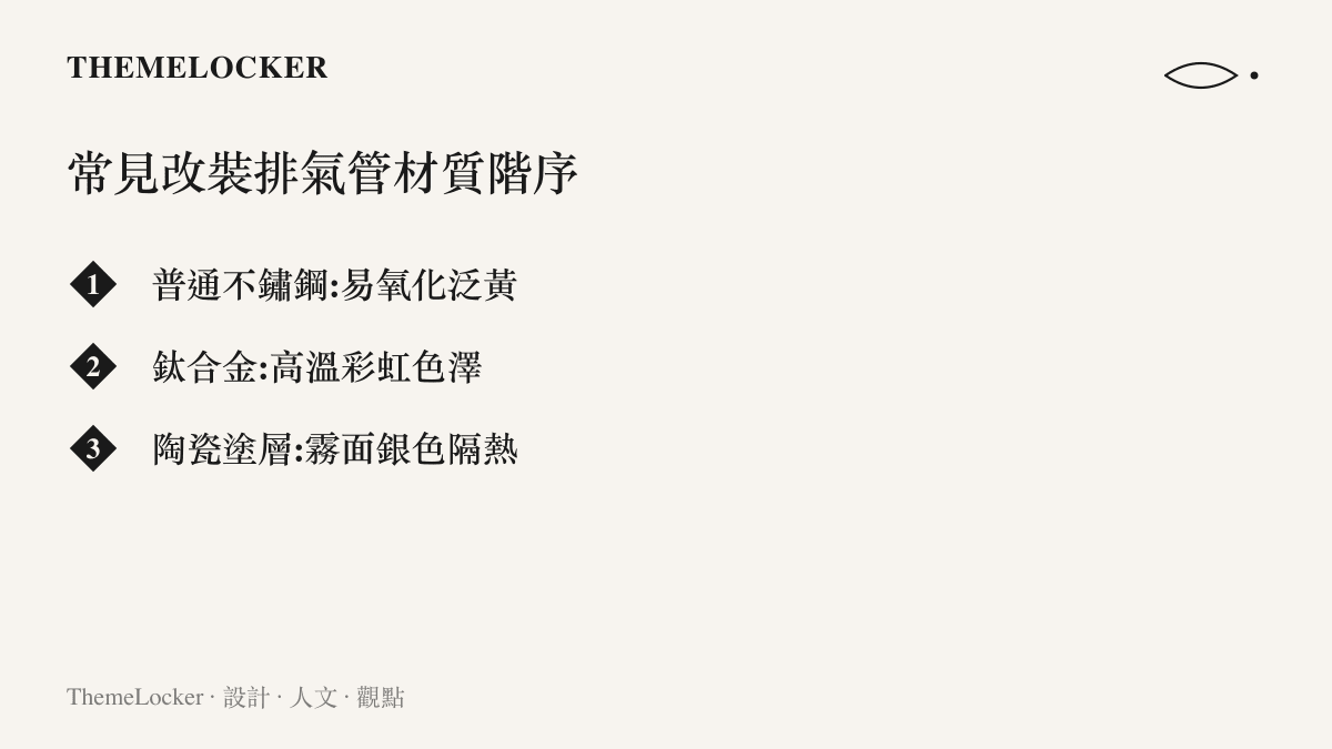 圖卡列舉普通不鏽鋼、鈦合金與陶瓷塗層三種常見改裝排氣管材質的特性與視覺表現