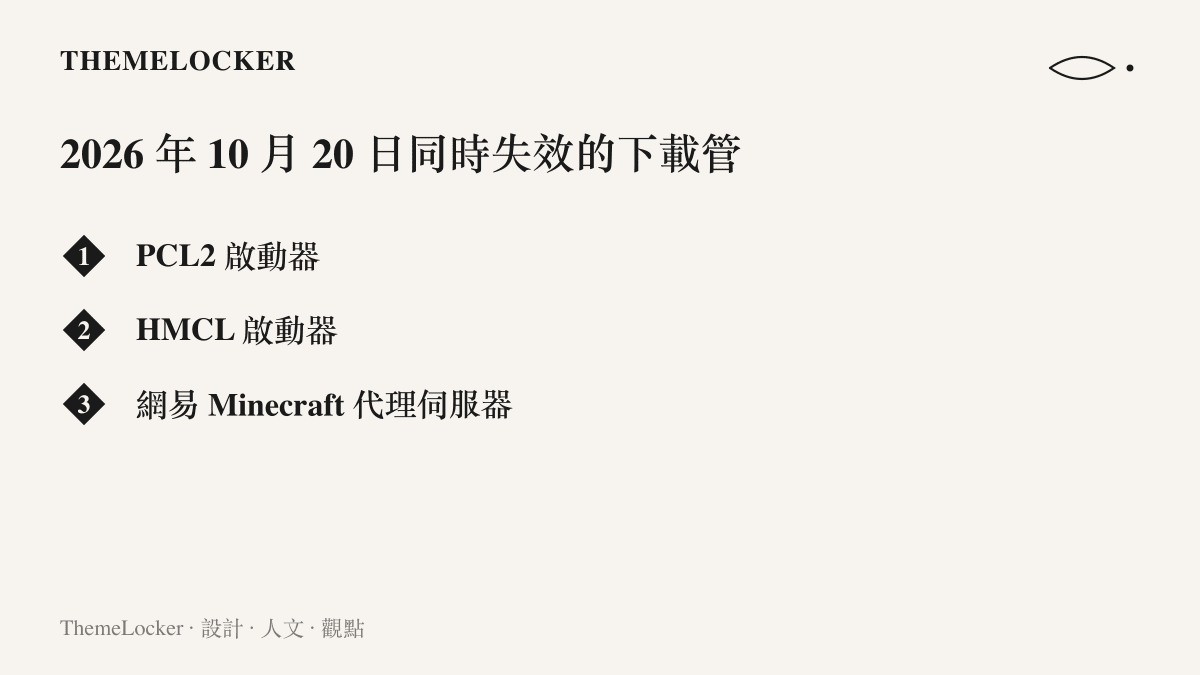 清單圖列出 2026 年 10 月 20 日下午同時無法連線的三個 Minecraft 相關下載管道，包含 PCL2 啟動器、HMCL 啟動器與網易代理伺服器