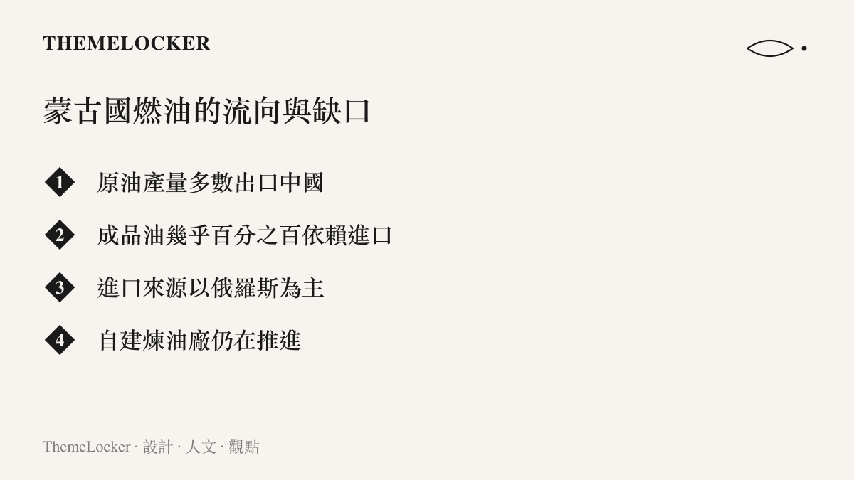 清單列出蒙古國能源現況的四個項目：原油多數出口中國、成品油幾乎全數依賴進口、進口主要來自俄羅斯、煉油廠仍在建設