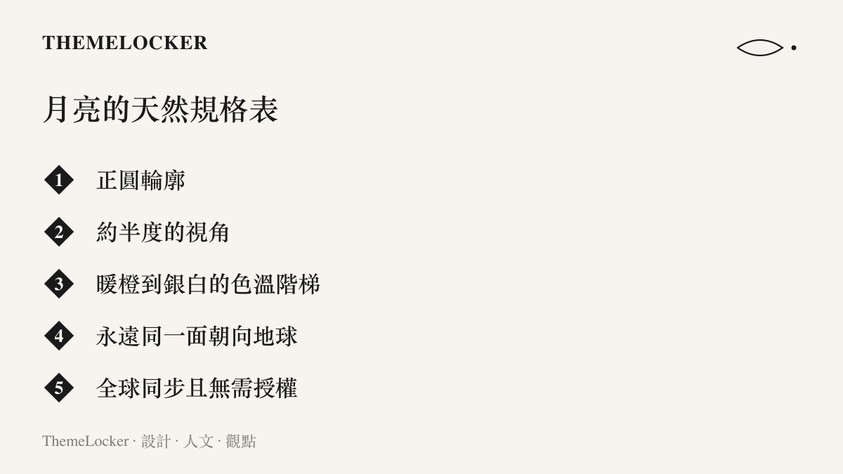 清單整理月亮作為天然視覺原型的規格：正圓輪廓、約半度的視角、從暖橙到銀白的色溫階梯、永遠同一面朝向地球，以及全球同步出現且無需授權