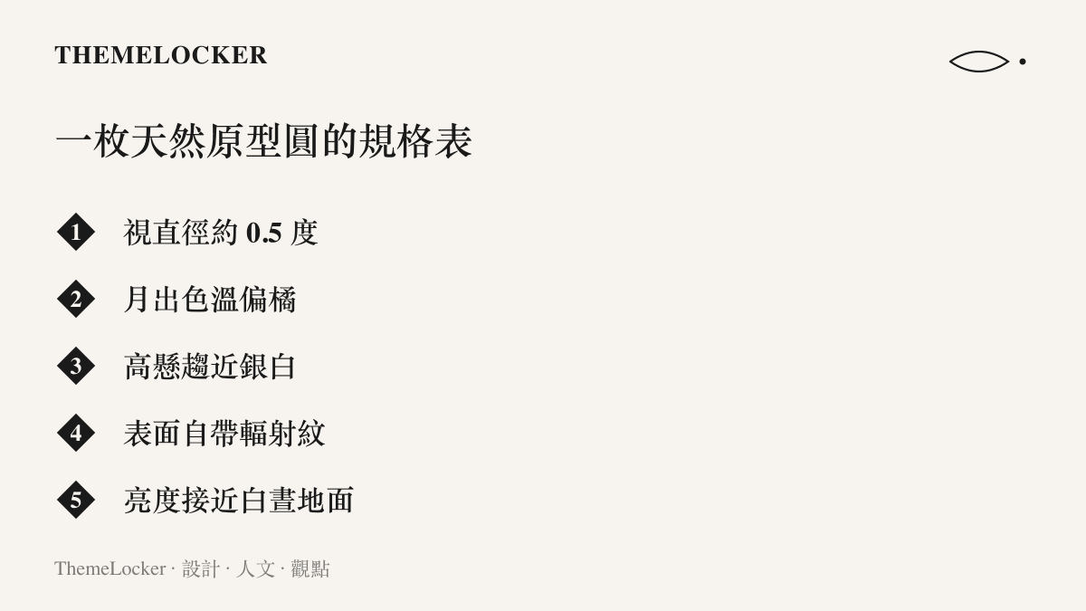 月亮的五項視覺規格：視直徑約半度、月出色溫偏橘、高懸趨近銀白、表面自帶第谷輻射紋、月面亮度接近白晝下的地面