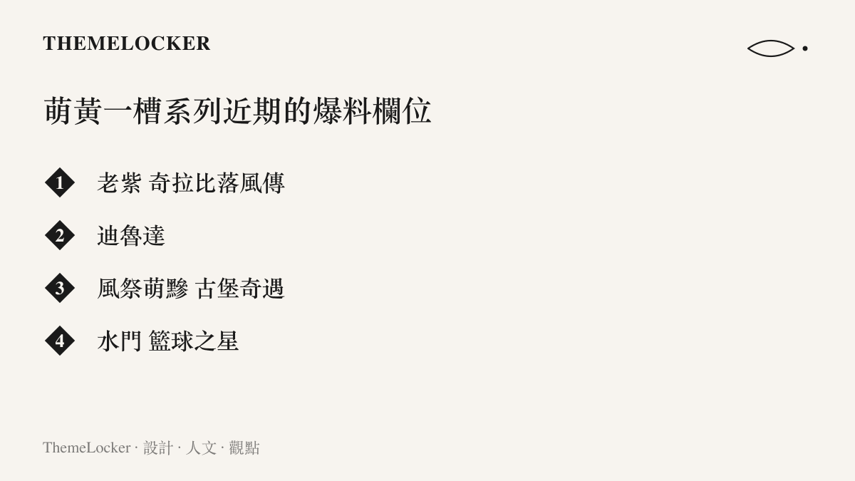 清單列出同系列四支全技能爆料影片的主角，包含老紫、迪魯達、風祭萌黲與水門各自的版本名稱