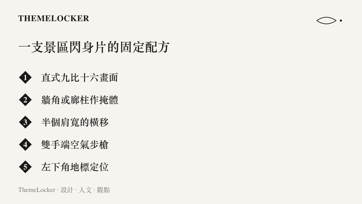 清單列出景區閃身影片的五項固定元素：直式畫面、牆角掩體、半個肩寬橫移、空氣步槍手勢與地標定位
