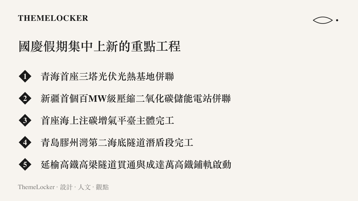 清單列出國慶假期期間完工或推進的重點工程，包含青海三塔光熱基地、新疆壓縮二氧化碳儲能電站、海上注碳增氣平臺、膠州灣第二海底隧道與兩條高鐵工程
