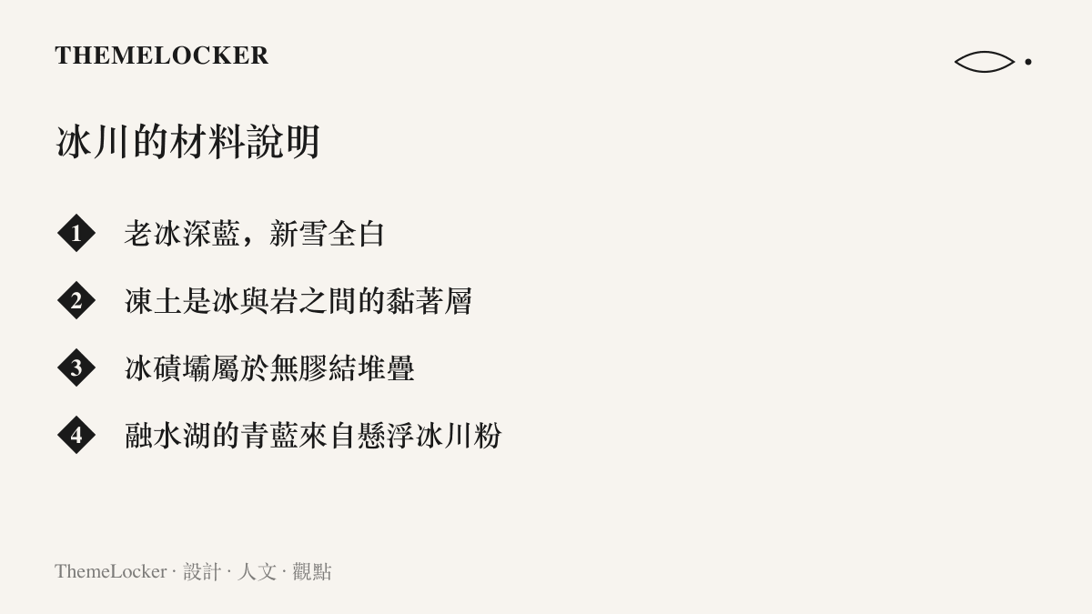 圖卡以四行短語整理冰川的材料語言：老冰深藍與新雪全白承載年代資訊、凍土作為黏著層、冰磧壩的無膠結堆疊，以及融水湖青藍色的成因