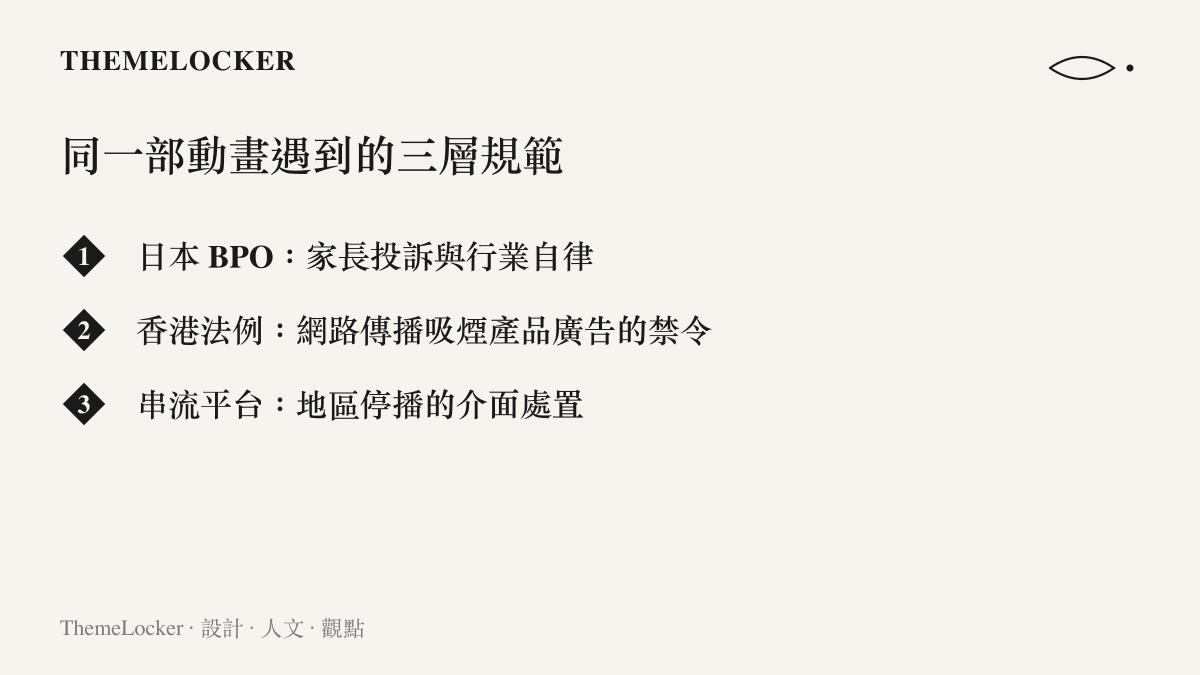 清單圖卡列出《尼古喵喵》同時面對的三層規範：日本BPO的家長投訴與行業自律、香港吸煙產品廣告禁令，以及串流平臺的地區停播處置
