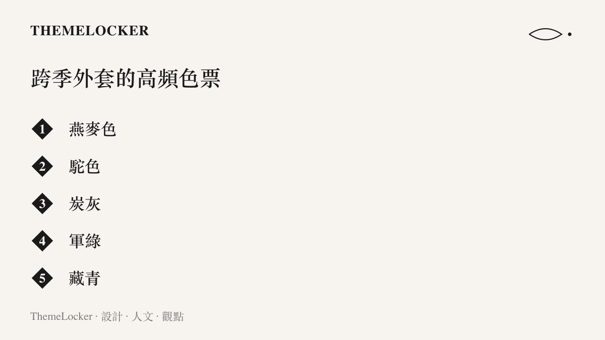 清單圖卡列出能跨越秋冬春三季的常見外套色票：燕麥色、駝色、炭灰、軍綠與藏青