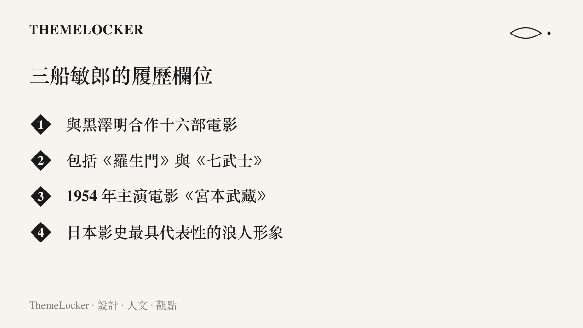 清單圖卡列出三船敏郎的電影履歷，含與黑澤明合作的十六部片、羅生門與七武士，以及1954年主演的宮本武藏