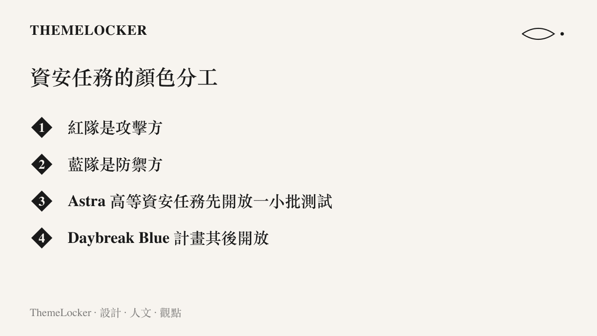 資安任務的顏色分工圖示：紅隊為攻擊方、藍隊為防禦方，Astra 的高等資安任務先開放給一小批測試者，Daybreak Blue 計畫其後開放防禦用途