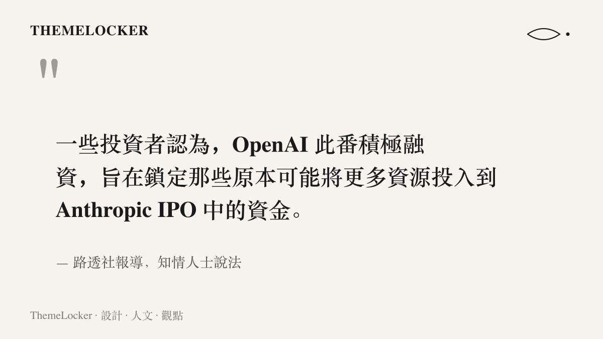 知情人士向路透社表示，部分投資者認為 OpenAI 積極融資是為了鎖定原可能投入 Anthropic 上市案的資金