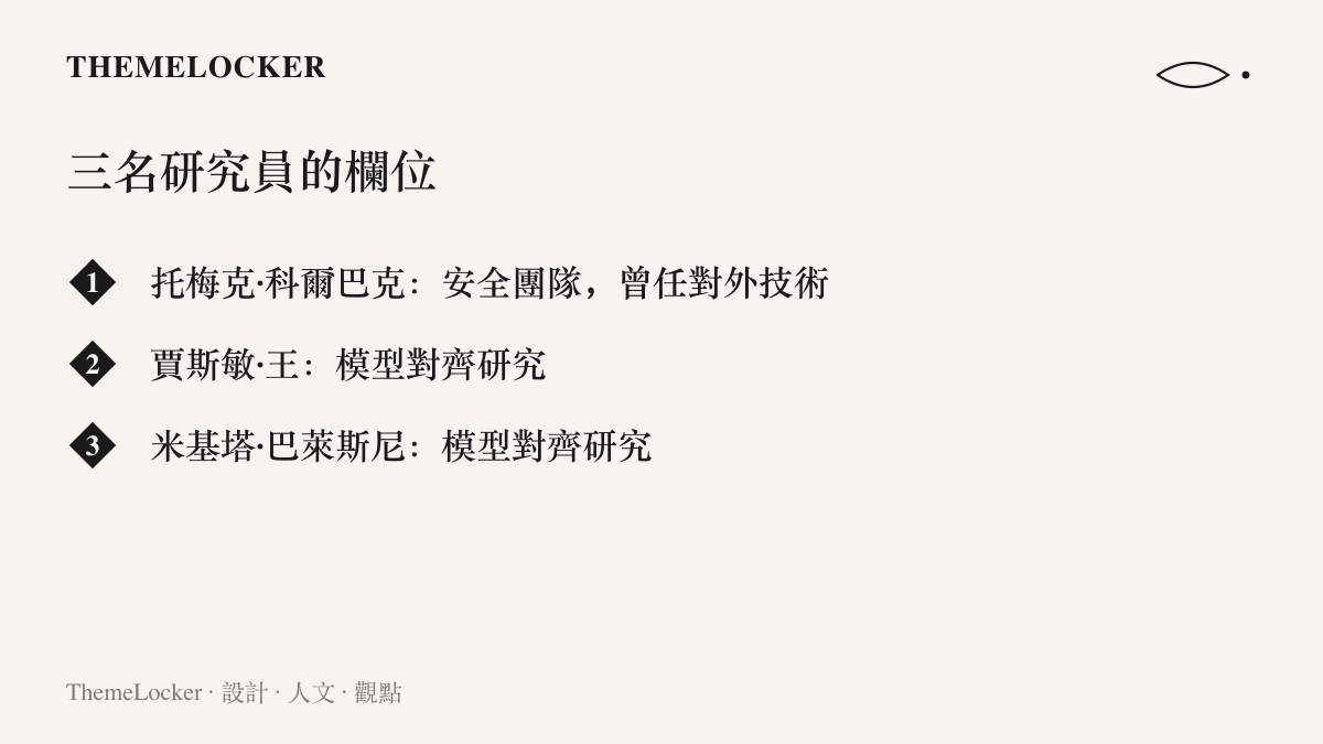 三名研究員的名字與職務對照，包括安全團隊的託梅克·科爾巴克，以及兩位模型對齊研究員賈斯敏·王與米基塔·巴萊斯尼