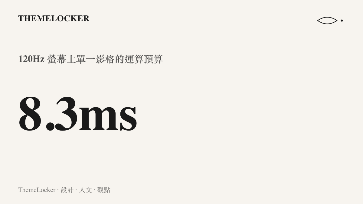 統計圖卡呈現 120Hz 螢幕上單一影格約只有 8.3 毫秒的運算預算，說明首幀可打斷技術對即時渲染的嚴格要求