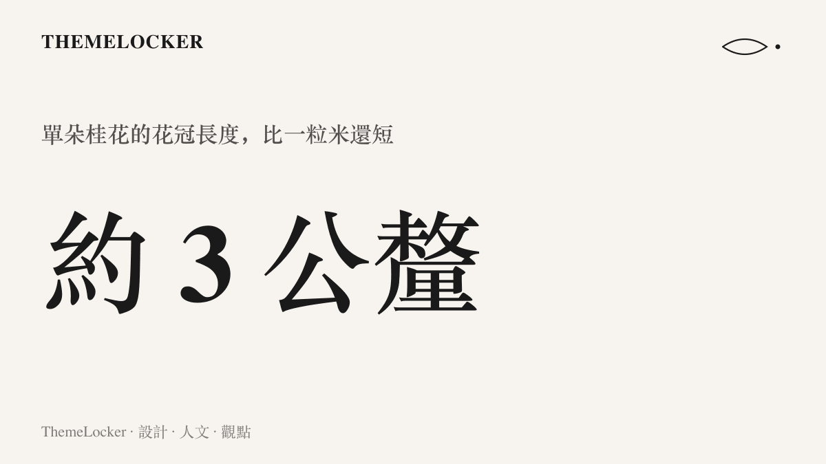 統計圖卡呈現單朵桂花的花冠長度約三公釐，說明桂花以極小的花體換取極大的開花數量與香氣濃度