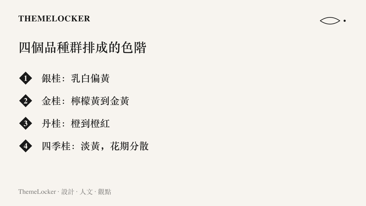 清單列出銀桂、金桂、丹桂與四季桂四個桂花品種羣的花色，由乳白經金黃排到橙紅，構成一條暖色階梯