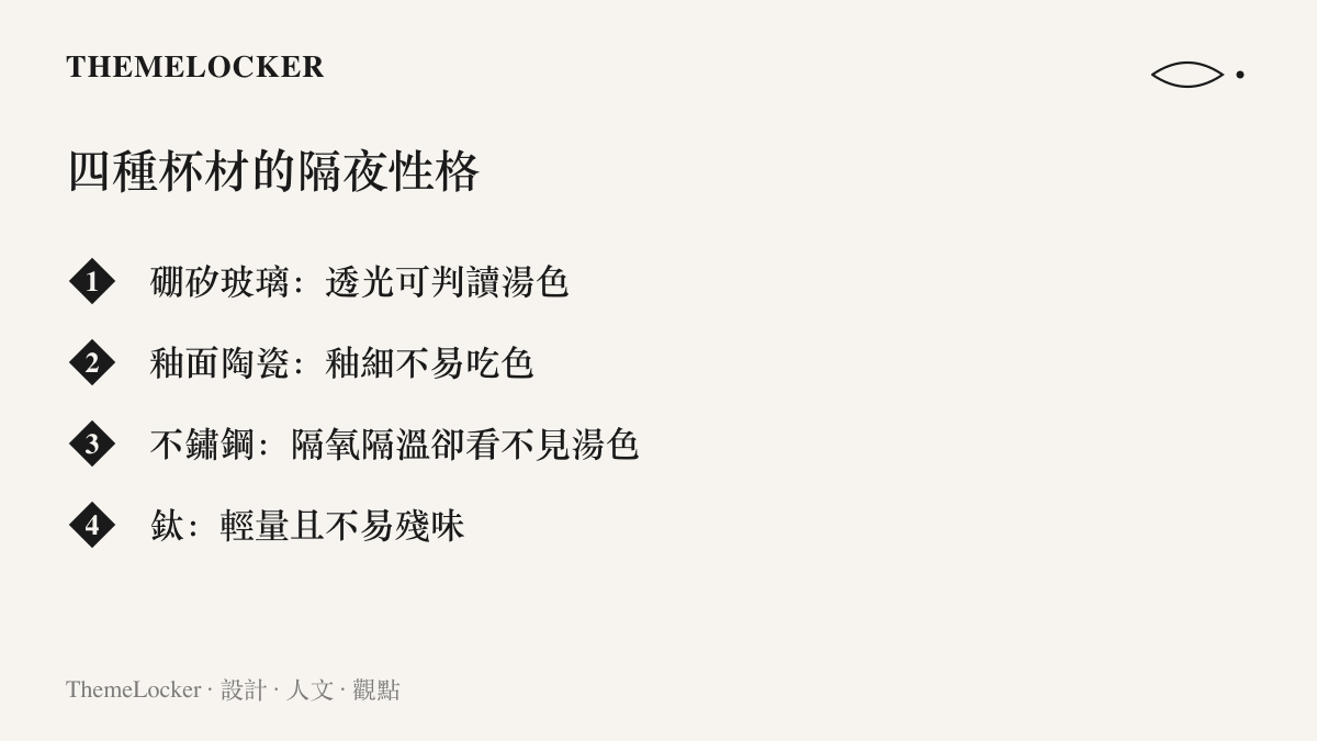 清單列出硼矽玻璃、釉面陶瓷、不鏽鋼與鈦四種常見茶水容器材質，以及各自影響隔夜茶湯氧化速度與清潔判讀的特性
