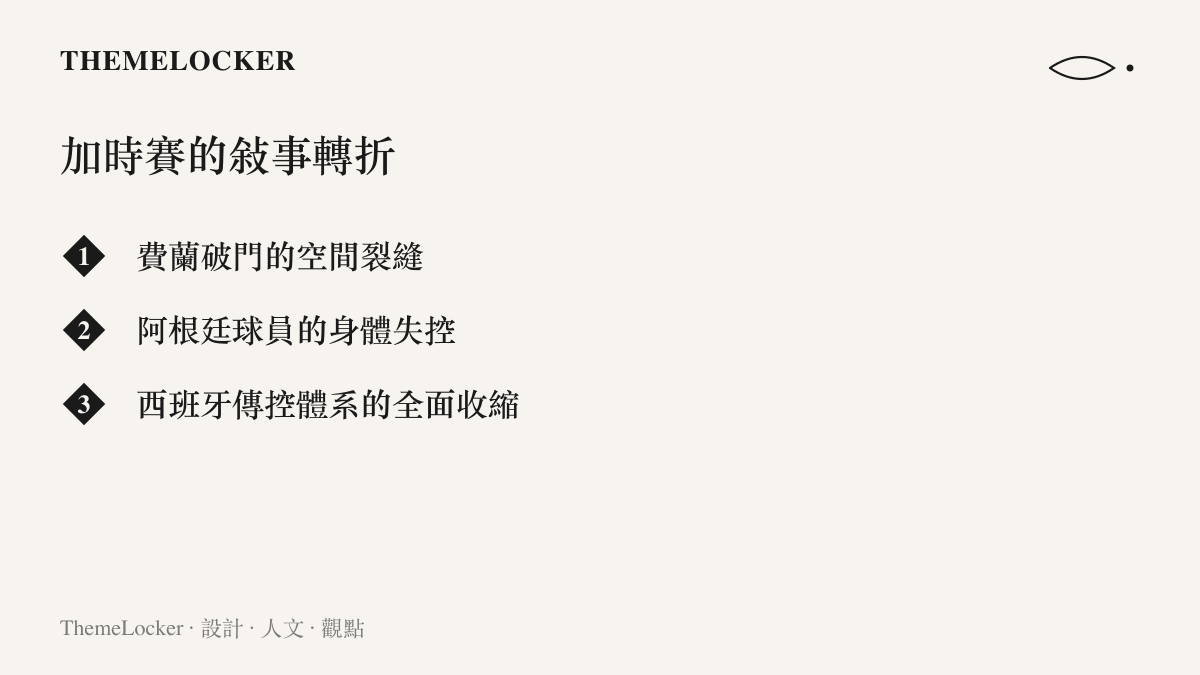 一張列舉加時賽三大敘事轉折的清單，包含進球破局、情緒失控與戰術收縮等面向