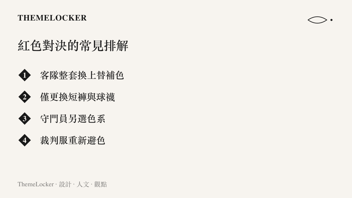 清單圖卡列出兩支紅衣球隊在比賽配色上常見的四種排解方式