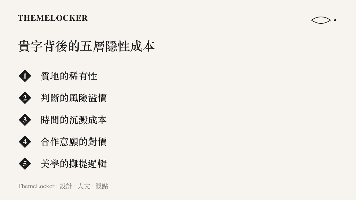 一張繁中清單圖，將報價爭議中的貴字拆解成質地稀有性、風險溢價、時間沉澱、合作意願與美學攤提等五層隱性成本，以東方水墨藍色調層層堆疊呈現。
