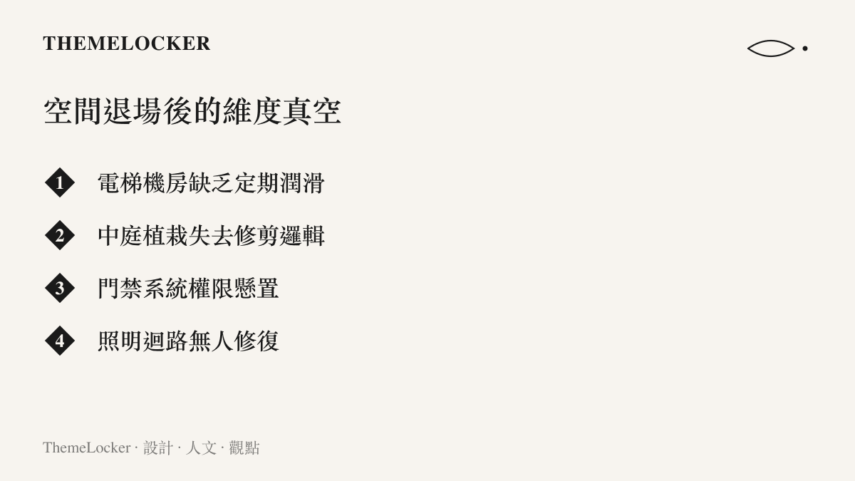 清單圖卡列舉物業撤離後，社區在電梯、植栽、門禁與照明等方面面臨的硬體維護真空狀態。