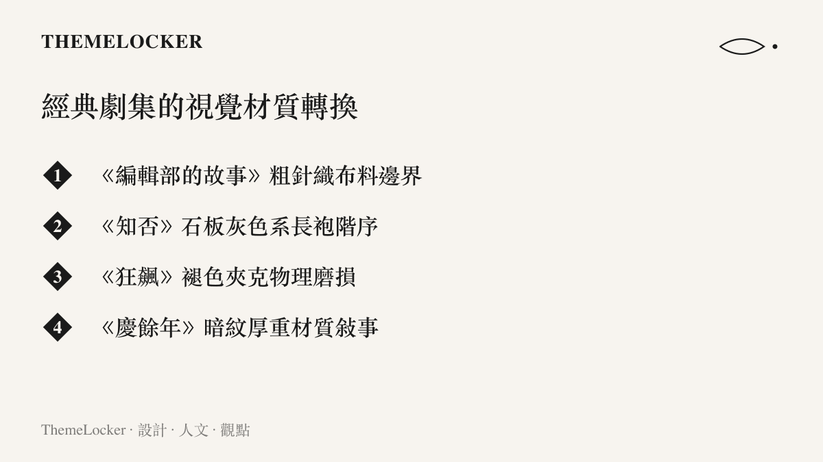 列出秦焰在四部經典電視劇中從粗針織布料到長袍與褪色夾克的視覺材質轉換項目