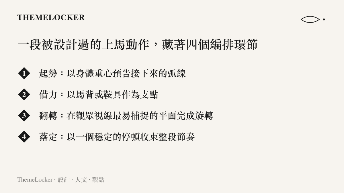 花式上馬動作的四個編排環節：起勢借力翻轉落定