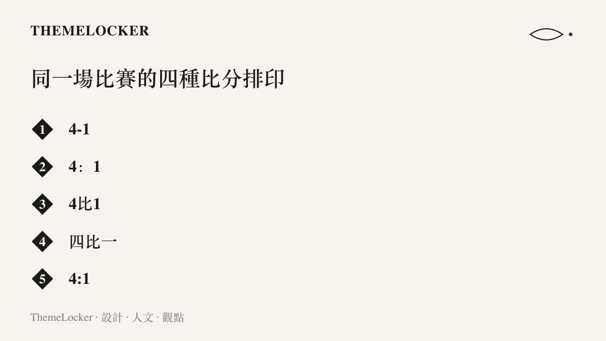 圖卡列出皇馬四比一塞維利亞的比賽在影片標題裡出現的五種比分寫法，包含連字號、全形冒號、半形冒號、比字與國字數字的版本