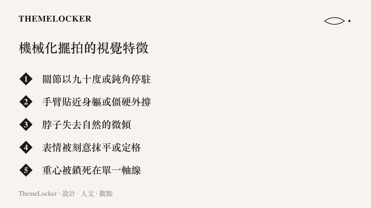 機械化拍照擺拍的五個視覺特徵清單圖卡，列出身體關節僵直與姿態定格的設計元素