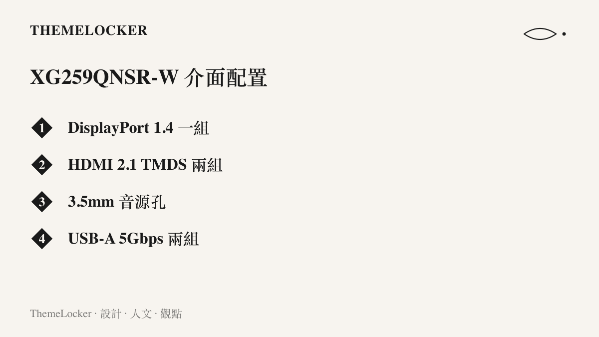 這張圖列出吹雪顯示器的連接介面，包含一組 DisplayPort 1.4、兩組 HDMI 2.1 TMDS、3.5mm 音源孔與兩個 5Gbps USB-A 連接埠