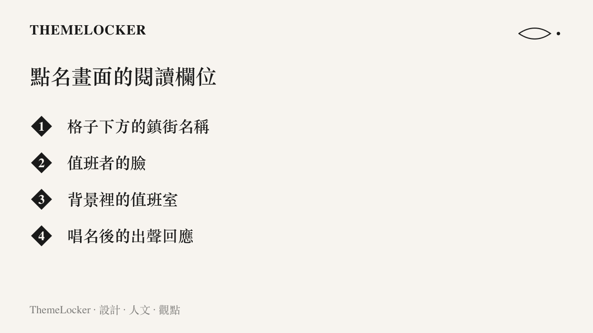 清單圖卡列出視訊點名畫面中鎮街名稱、值班者的臉、值班室背景與出聲回應四個閱讀欄位