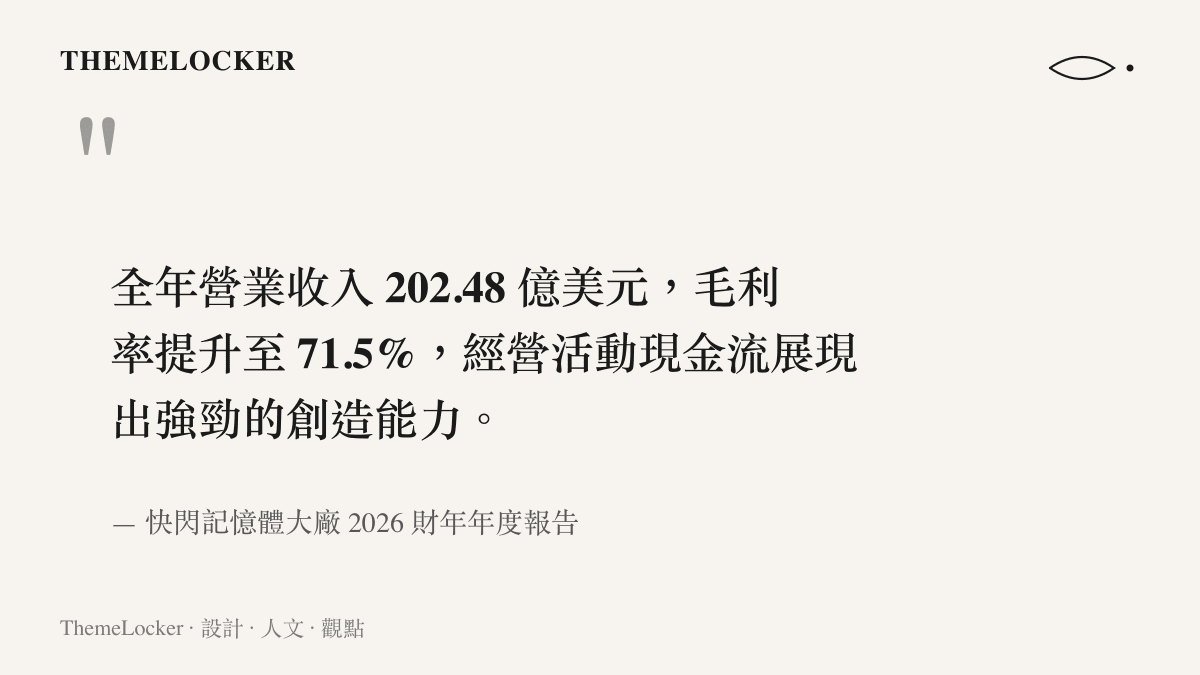 全年營業收入 202.48 億美元，毛利率提升至 71.5%，經營活動現金流展現出強勁的創造能力。