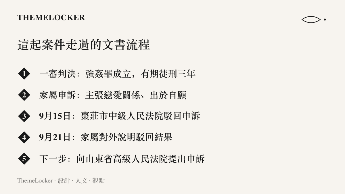 流程圖卡依時間順序列出本案的一審判決、家屬申訴理由、棗莊中院駁回日期、家屬對外說明，以及向山東省高院申訴的下一個步驟