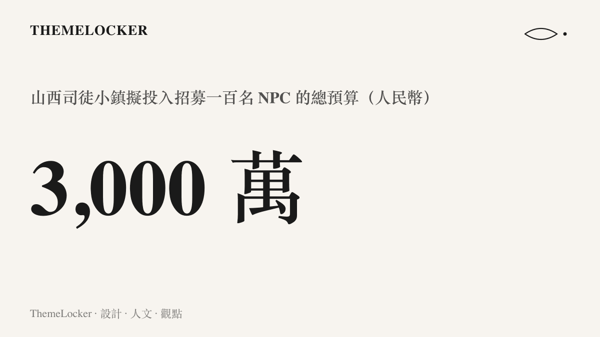 統計圖卡呈現山西司徒小鎮以三千萬人民幣預算招募一百名 NPC，平均單一名額約三十萬元，與頭部千萬年薪之間的差距對比